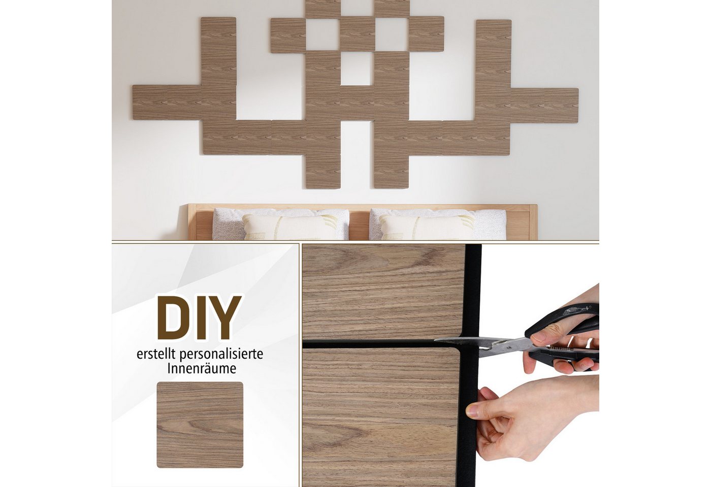 COSTWAY Akustikplatte, (4-St), Für Wände mit 9 quadratischen Holzplatten