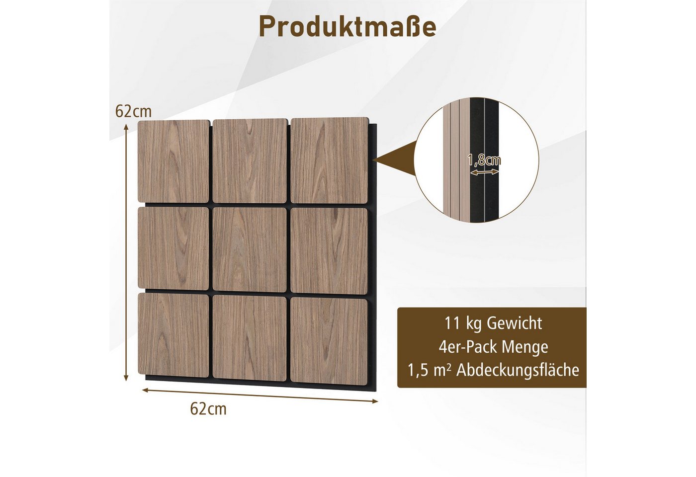 COSTWAY Akustikplatte, (4-St), Für Wände mit 9 quadratischen Holzplatten Bild 4