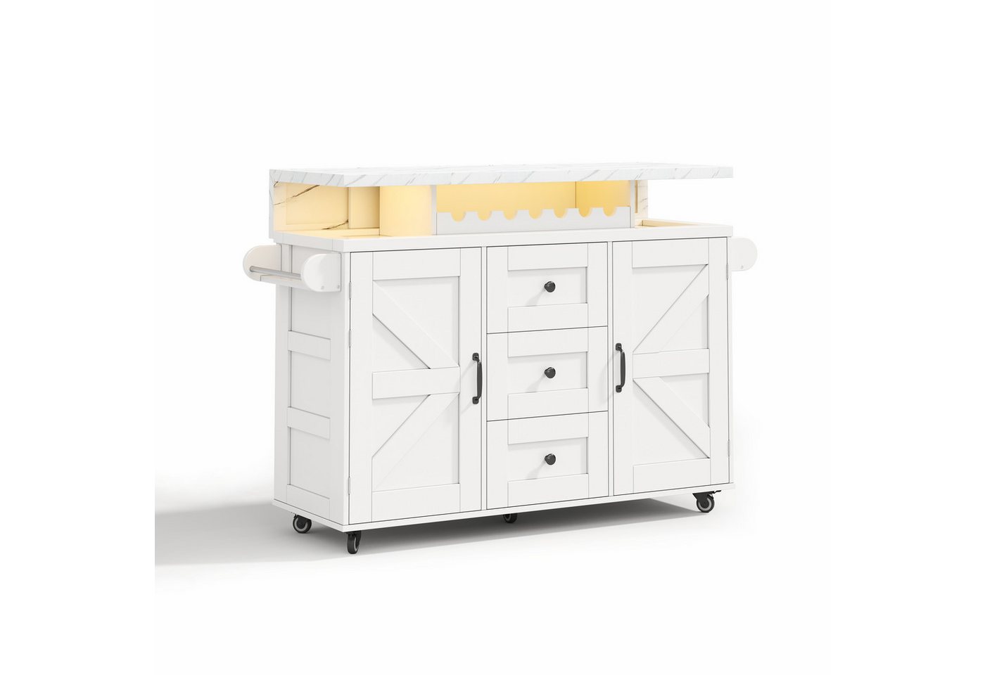Flieks Küchenwagen Kücheninsel mit klappbarer Arbeitsplatte Marmoroptik & LED-Beleuchtung, (1 St), Servierwagen Küchenschrank mit Weingestell und Gläserhalter Weiß Bild 3