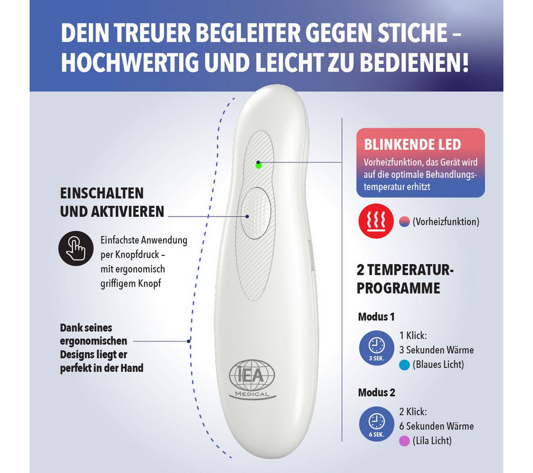 IEA Medical Insektenstichheiler Outdoor-Set Stichheiler USB-C, Mückenschutzpflaster, Schutztasche, Bundle, 3-tlg., 3-in-1 Set: Insektenstichheiler + Schutztasche + Mückenpflaster, Mückenschutz & Anwendung nach dem Stich, ohne Spray, für unterwegs