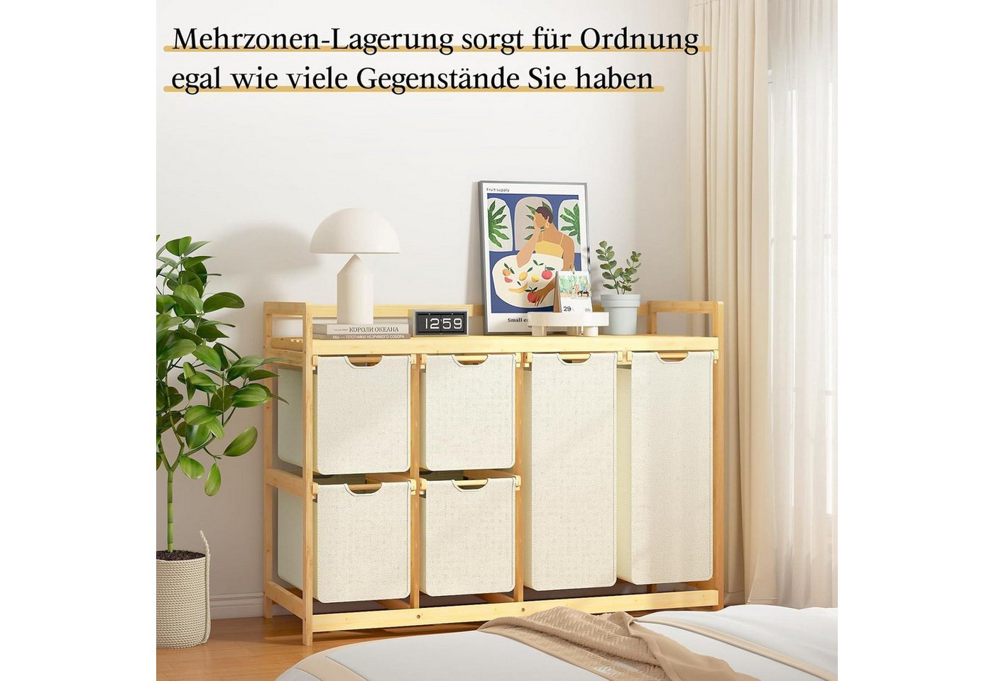LuxusKollektion Wäschesortierer Wäschekorb 6 Fächer Wäschesortierer Wäschesäcke Bambus Beige