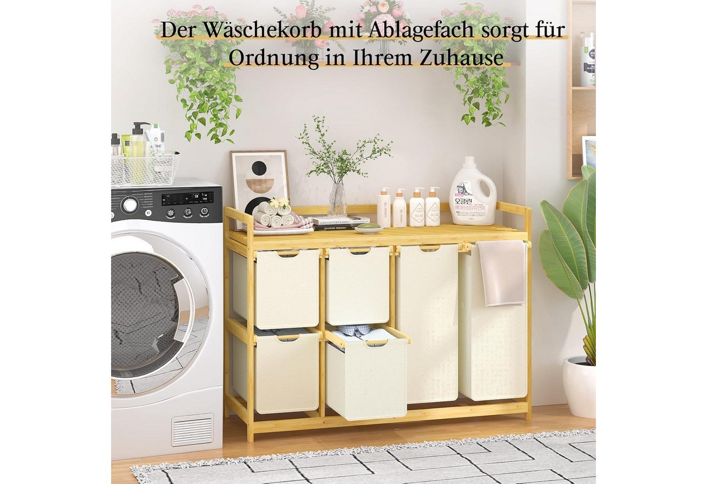LuxusKollektion Wäschesortierer Wäschekorb 6 Fächer Wäschesortierer Wäschesäcke Bambus Beige Bild 2