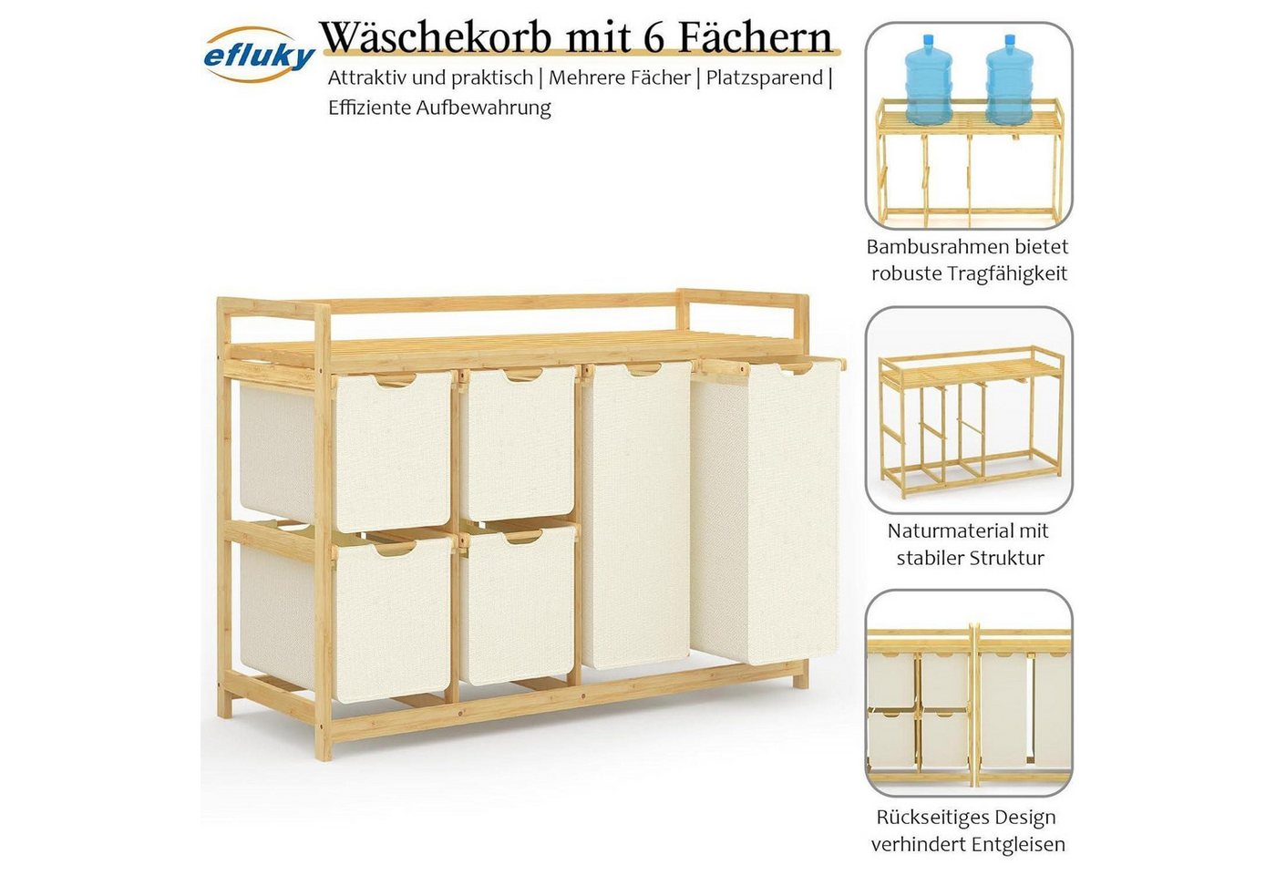 LuxusKollektion Wäschesortierer Wäschekorb 6 Fächer Wäschesortierer Wäschesäcke Bambus Beige Bild 3