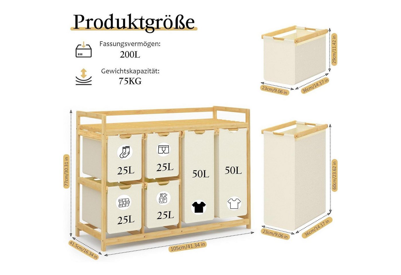 LuxusKollektion Wäschesortierer Wäschekorb 6 Fächer Wäschesortierer Wäschesäcke Bambus Beige Bild 4