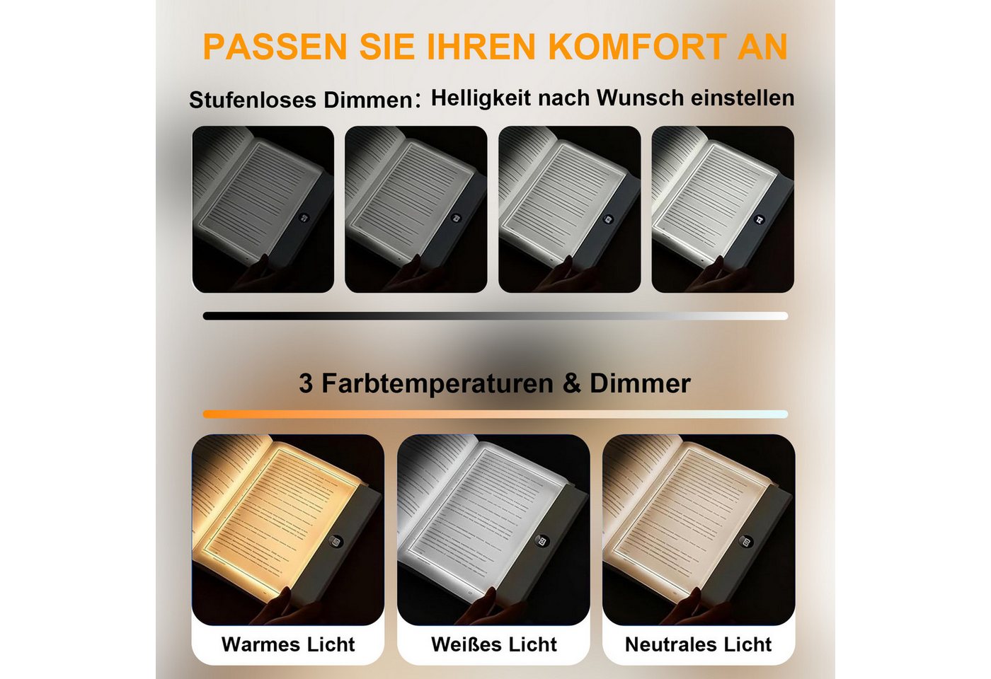 Rosnek LED Leselampe Buchlampe dimmbar mit Timer & 3 Lichtfarben, LED fest integriert, 1200 mAh, transparente Lichtplatte für Bett, Sofa, Büro & Reisen