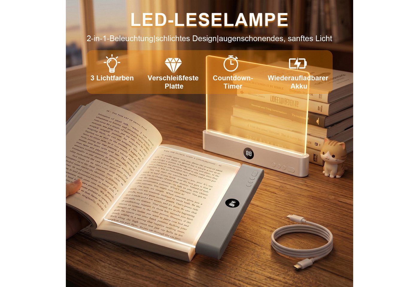 Rosnek LED Leselampe Buchlampe dimmbar mit Timer & 3 Lichtfarben, LED fest integriert, 1200 mAh, transparente Lichtplatte für Bett, Sofa, Büro & Reisen Bild 2