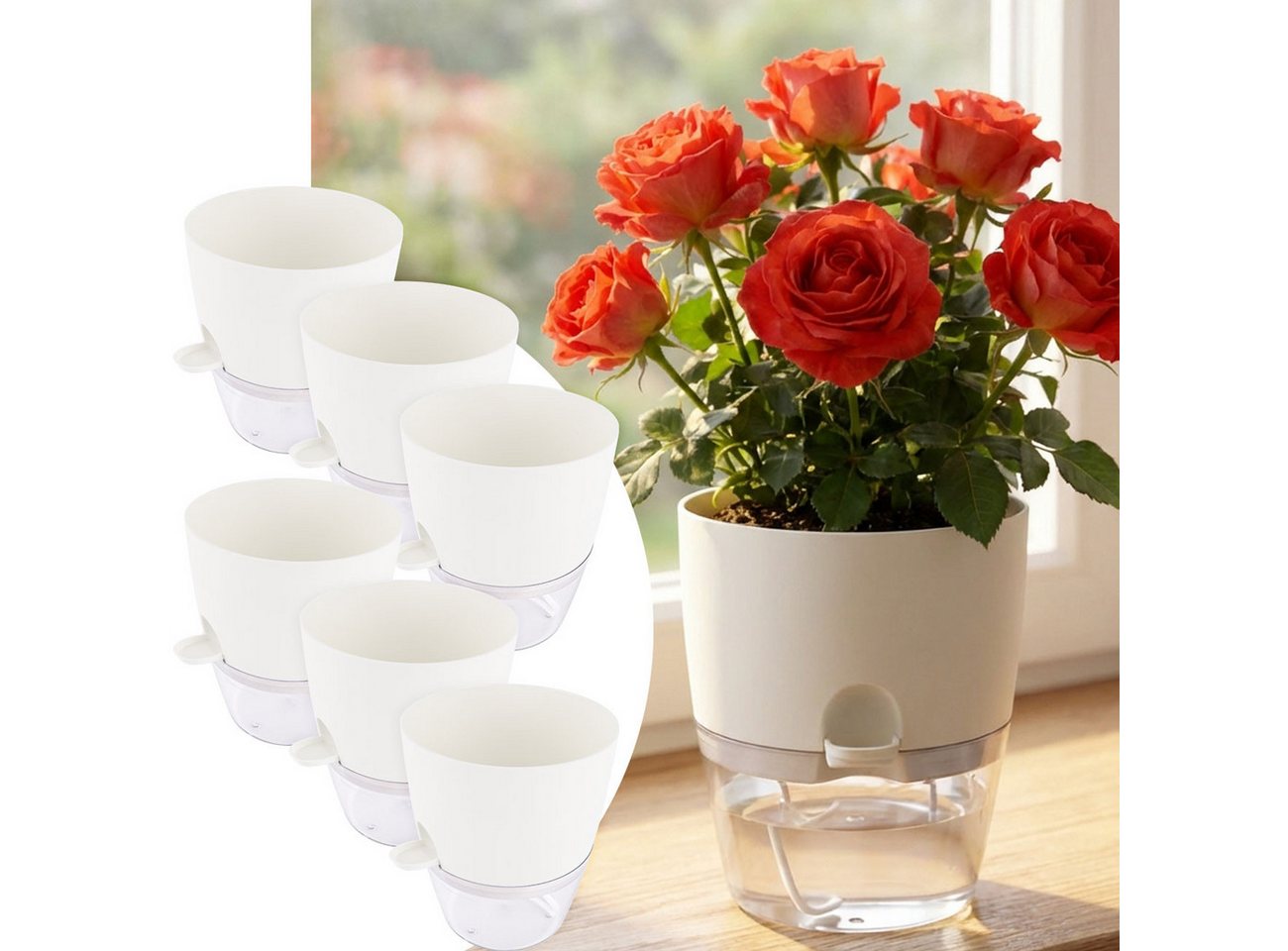 shop'n smile ideoon Blumentopf Blumentopf selbstbewässernd Ø18,5cm Pflanzgefäß mit Docht-System (6 St., 3er-Set & 6er-Set), 10-15 Tage Urlaubsschutz/transparentes Reservoir/ 18,5x15,5 cm