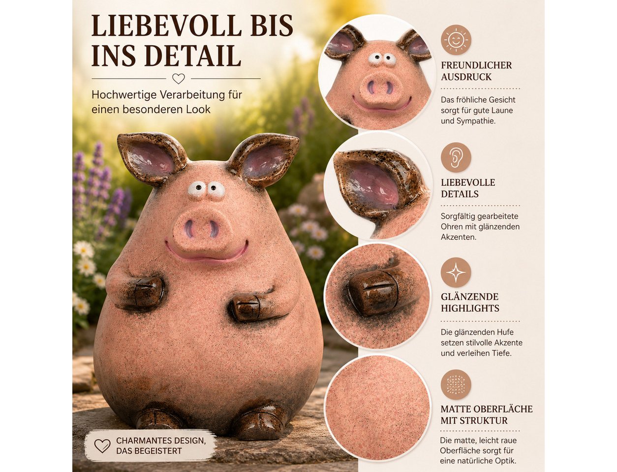 formano Gartenfigur Schwein Dekofigur Rosa-Braun 24 cm lMagnesia Tierfigur Bild 4