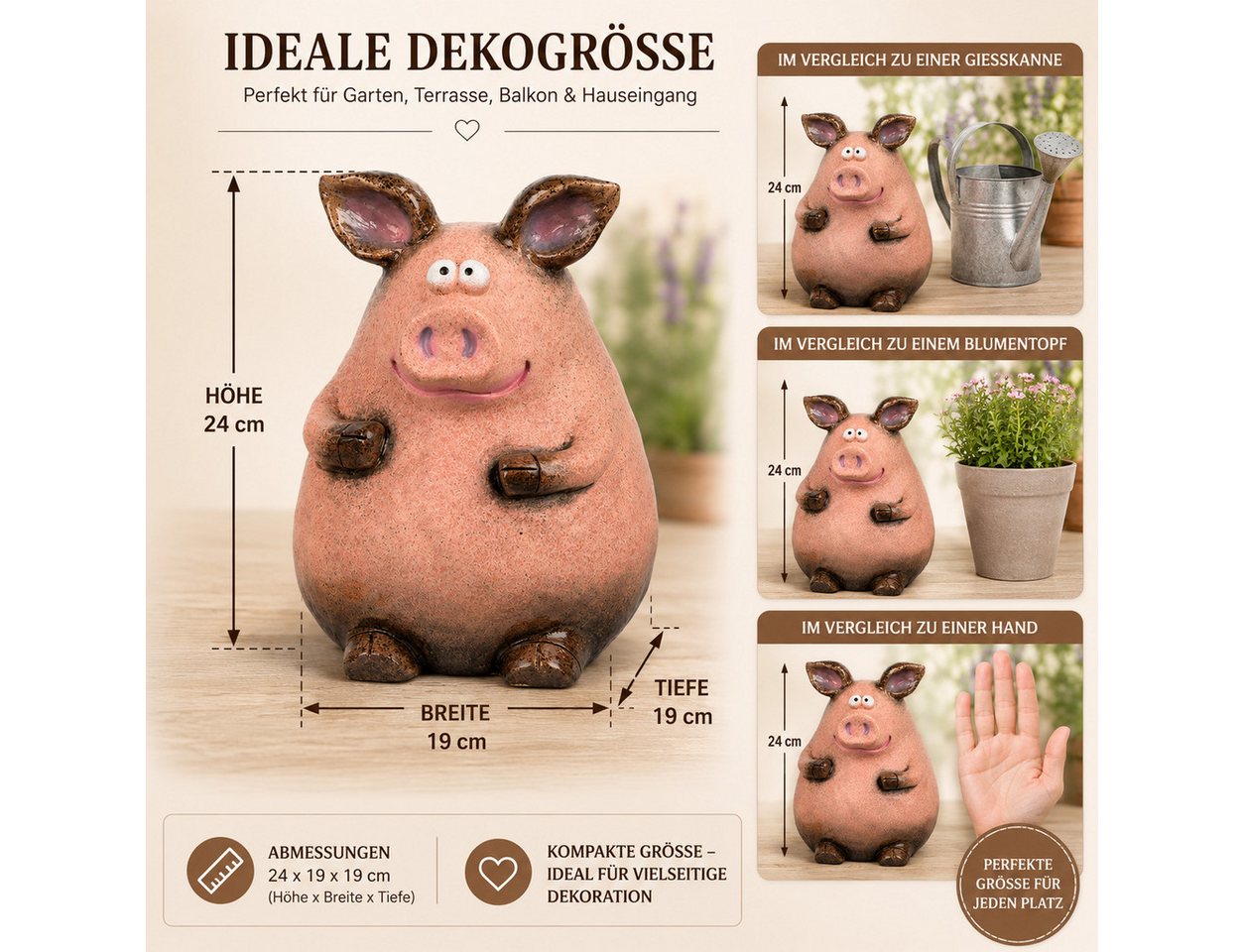 formano Gartenfigur Schwein Dekofigur Rosa-Braun 24 cm lMagnesia Tierfigur Bild 5
