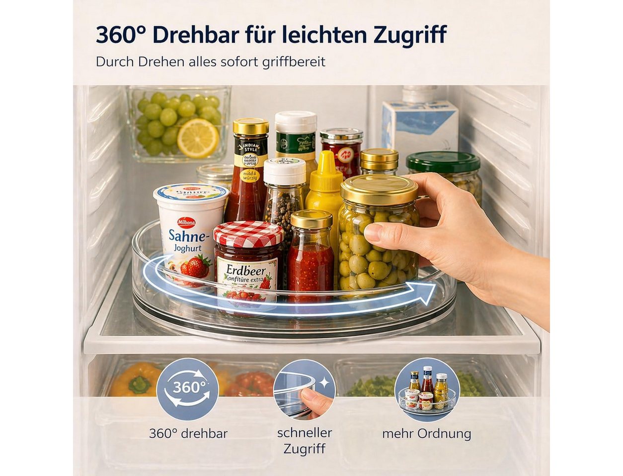 Vornix Gewürzregal 360° Drehbar Multifunktionales Drehteller Organizer,2er-Set, 23,5 cm und 27 cm, zwei Größen, rutschfest und vielseitig einsetzbar, Küchenaufbewahrungsregal, drehbares Aufbewahrungsregal, rundes Gewürzregal, geeignet für Küchenschränke und Kühlschränke, drehbares Tablett-Aufbewahrungsregal für den Kühlschrank, 2er-Set, um 360° drehbares Aufbewahrungsregal, platzsparendes Küchenregal