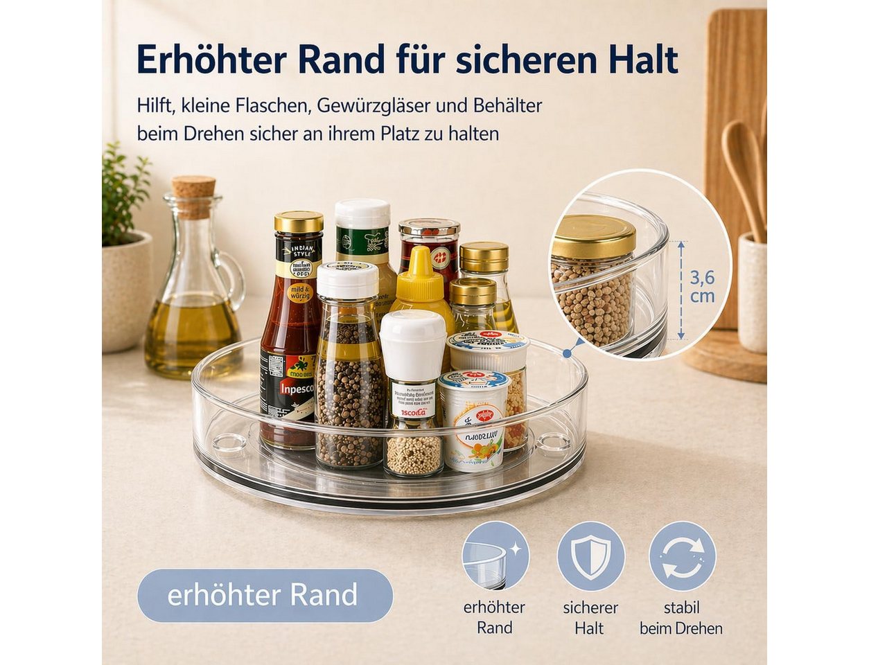 Vornix Gewürzregal 360° Drehbar Multifunktionales Drehteller Organizer,2er-Set, 23,5 cm und 27 cm, zwei Größen, rutschfest und vielseitig einsetzbar, Küchenaufbewahrungsregal, drehbares Aufbewahrungsregal, rundes Gewürzregal, geeignet für Küchenschränke und Kühlschränke, drehbares Tablett-Aufbewahrungsregal für den Kühlschrank, 2er-Set, um 360° drehbares Aufbewahrungsregal, platzsparendes Küchenregal Bild 2