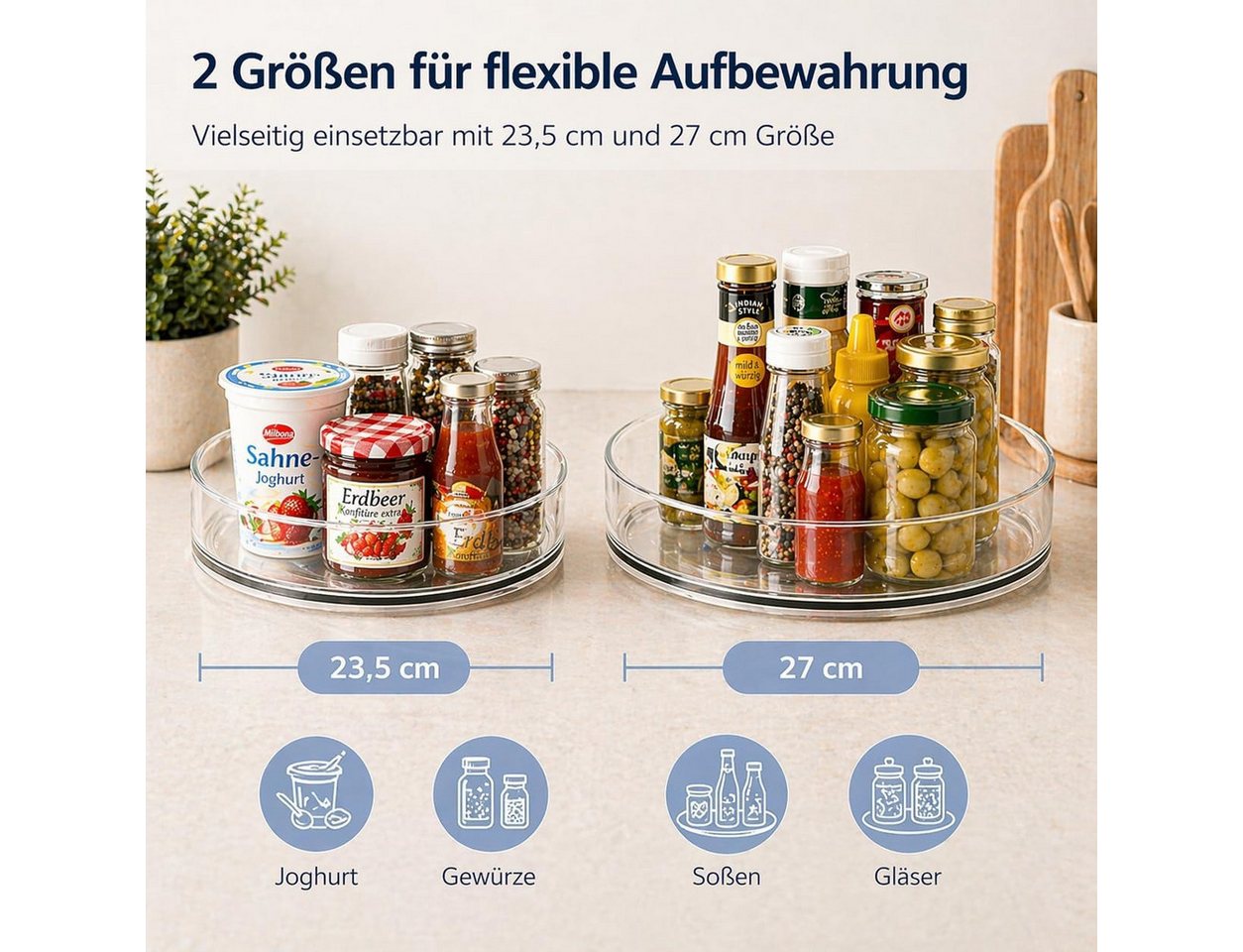 Vornix Gewürzregal 360° Drehbar Multifunktionales Drehteller Organizer,2er-Set, 23,5 cm und 27 cm, zwei Größen, rutschfest und vielseitig einsetzbar, Küchenaufbewahrungsregal, drehbares Aufbewahrungsregal, rundes Gewürzregal, geeignet für Küchenschränke und Kühlschränke, drehbares Tablett-Aufbewahrungsregal für den Kühlschrank, 2er-Set, um 360° drehbares Aufbewahrungsregal, platzsparendes Küchenregal Bild 3