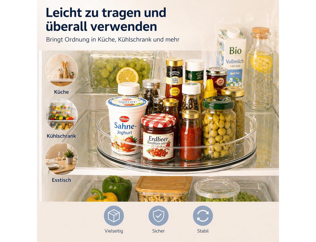Vornix Gewürzregal 360° Drehbar Multifunktionales Drehteller Organizer,2er-Set, 23,5 cm und 27 cm, zwei Größen, rutschfest und vielseitig einsetzbar, Küchenaufbewahrungsregal, drehbares Aufbewahrungsregal, rundes Gewürzregal, geeignet für Küchenschränke und Kühlschränke, drehbares Tablett-Aufbewahrungsregal für den Kühlschrank, 2er-Set, um 360° drehbares Aufbewahrungsregal, platzsparendes Küchenregal Bild 4