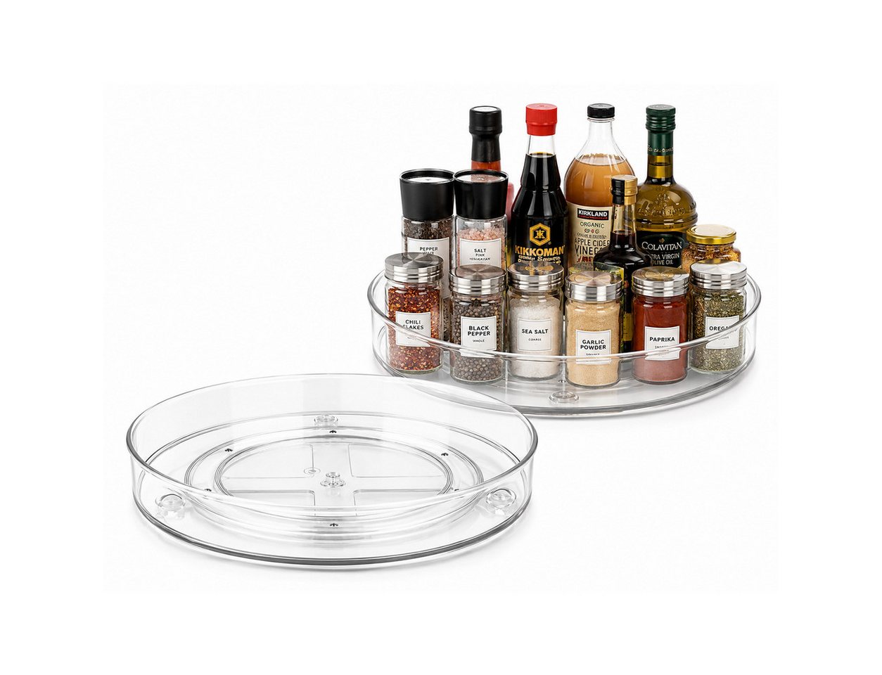 Vornix Gewürzregal 360° Drehbar Multifunktionales Drehteller Organizer,2er-Set, 23,5 cm und 27 cm, zwei Größen, rutschfest und vielseitig einsetzbar, Küchenaufbewahrungsregal, drehbares Aufbewahrungsregal, rundes Gewürzregal, geeignet für Küchenschränke und Kühlschränke, drehbares Tablett-Aufbewahrungsregal für den Kühlschrank, 2er-Set, um 360° drehbares Aufbewahrungsregal, platzsparendes Küchenregal Bild 5
