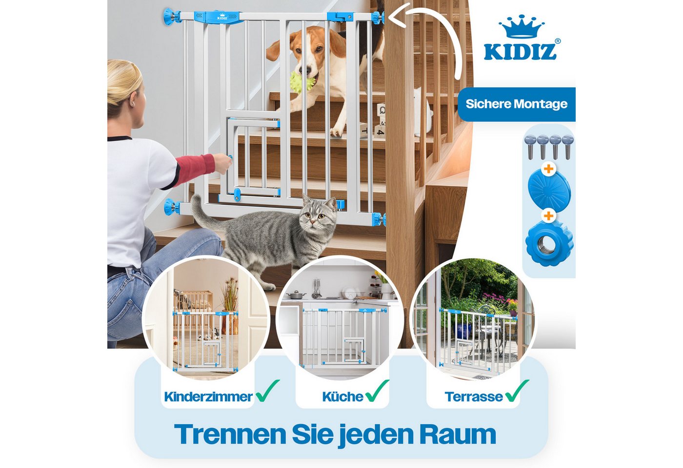 KIDIZ Türschutzgitter, Absperrgitter zum Klemmen mit Katzenklappe Treppenschutzgitter Bild 2