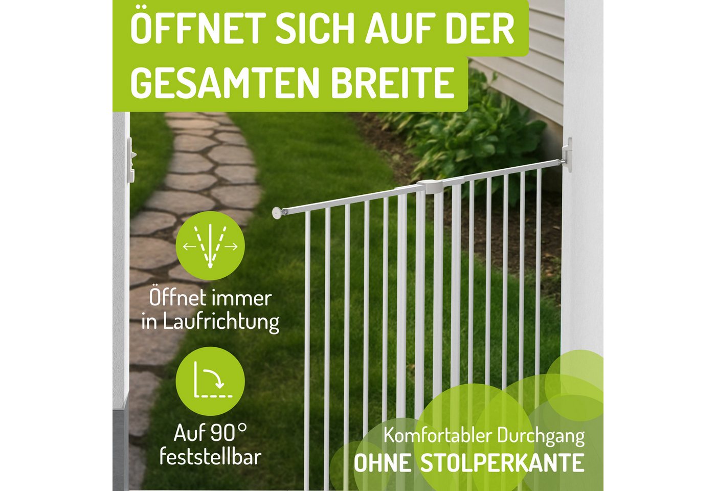 BOMI Treppenschutzgitter Türschutzgitter für Haus & Garten Maja 69-142 cm, Extrahoch 93 cm - 90° Feststellfunktion der Tür - Ohne Stolperkante Bild 3