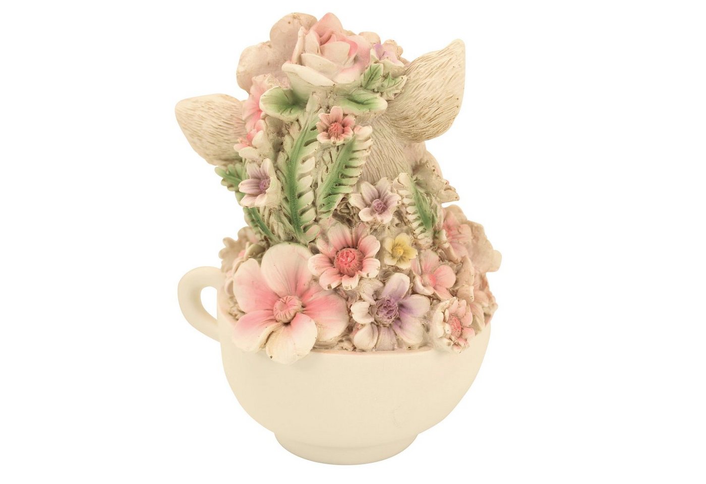 Online-Fuchs Gartenfigur süßes Schwein mit Blumen verziert in Tasse, (Polyresin), Maße des Tiers ca. 15 cm hoch und 11 x 10 cm breit.