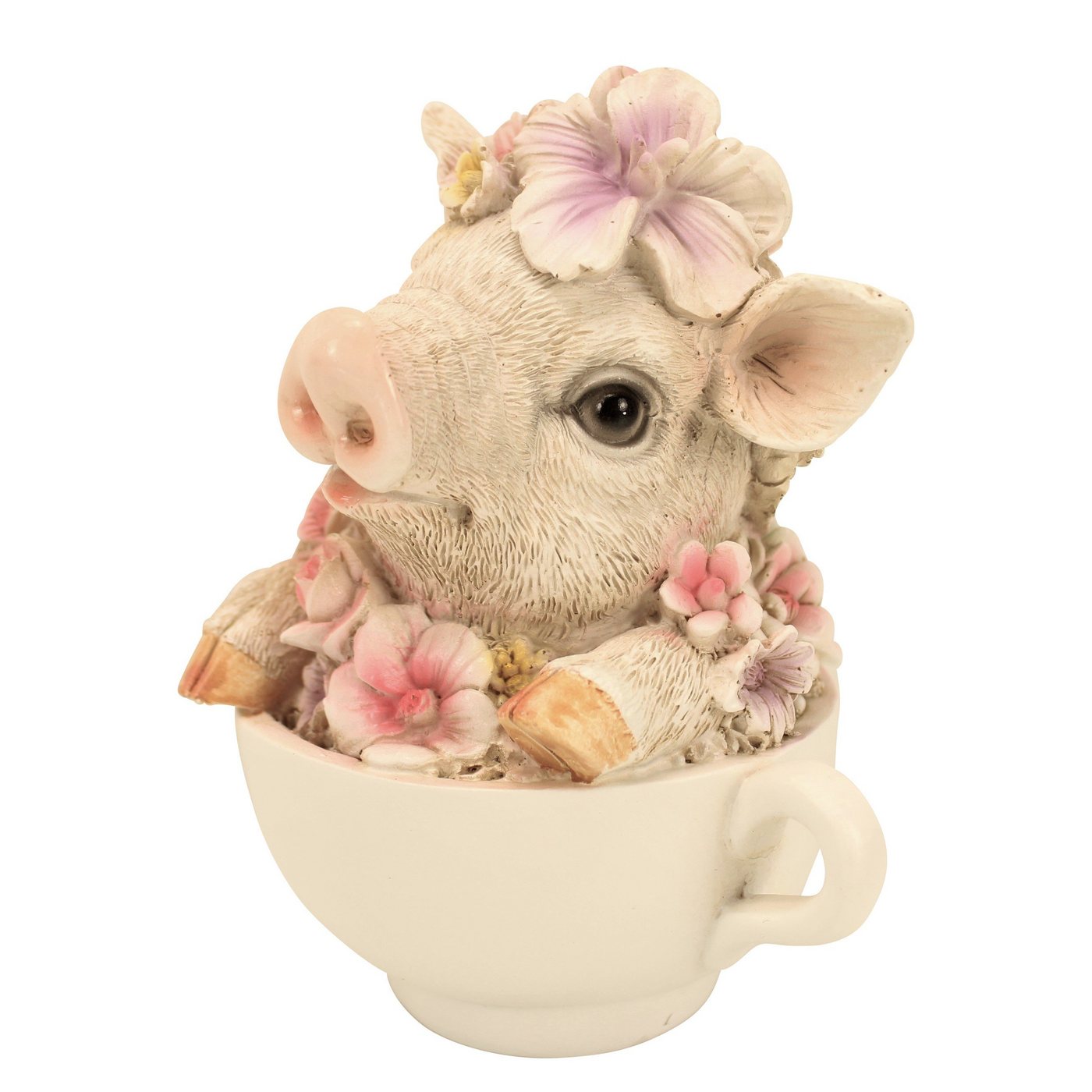 Online-Fuchs Gartenfigur süßes Schwein mit Blumen verziert in Tasse, (Polyresin), Maße des Tiers ca. 15 cm hoch und 11 x 10 cm breit. Bild 2