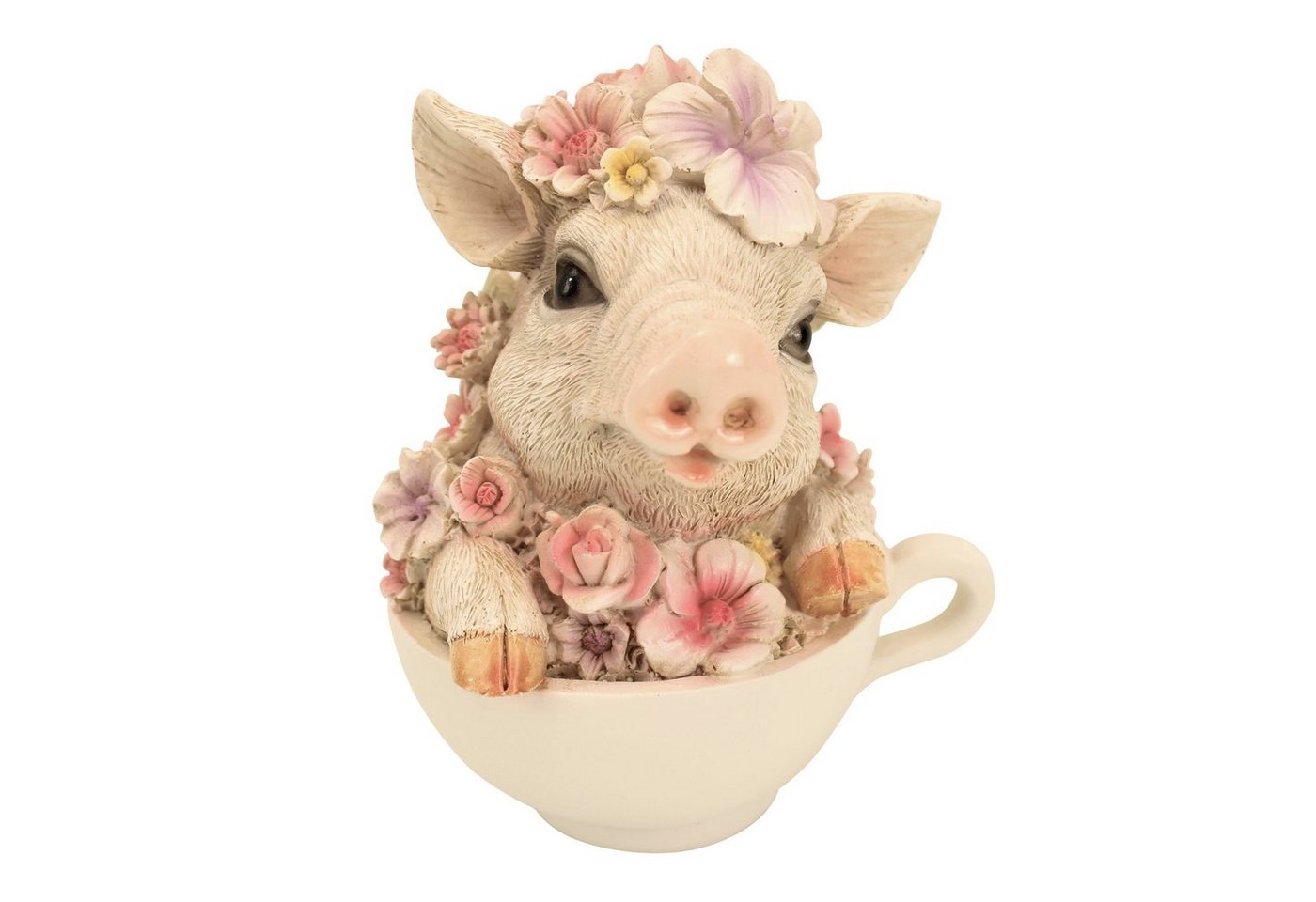 Online-Fuchs Gartenfigur süßes Schwein mit Blumen verziert in Tasse, (Polyresin), Maße des Tiers ca. 15 cm hoch und 11 x 10 cm breit. Bild 3