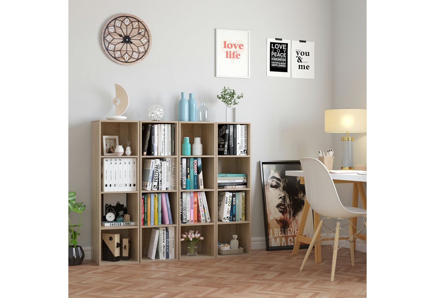 Homfa Bücherregal mit 4 Fächern, Regal eiche Standregal Holzregal 30x30x106cm