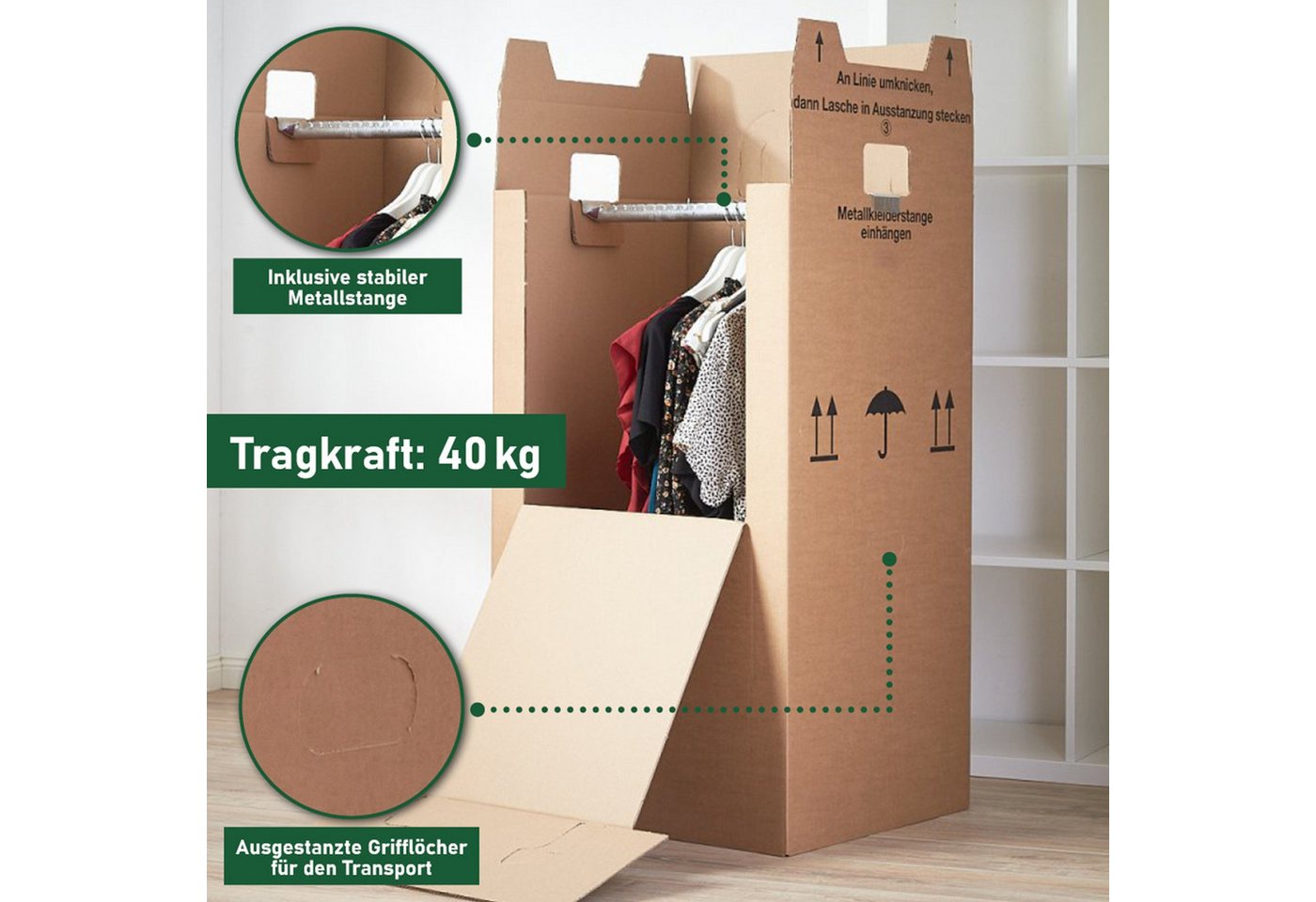 BB-Verpackungen Umzugskarton Kleiderbox Mini, 2-wellig, 40kg Traglast, 600 mm x 510 mm x 1000 mm
