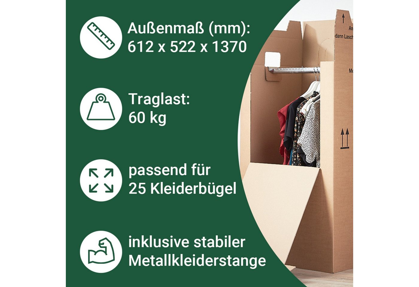BB-Verpackungen Umzugskarton Kleiderbox Mini, 2-wellig, 40kg Traglast, 600 mm x 510 mm x 1000 mm Bild 3