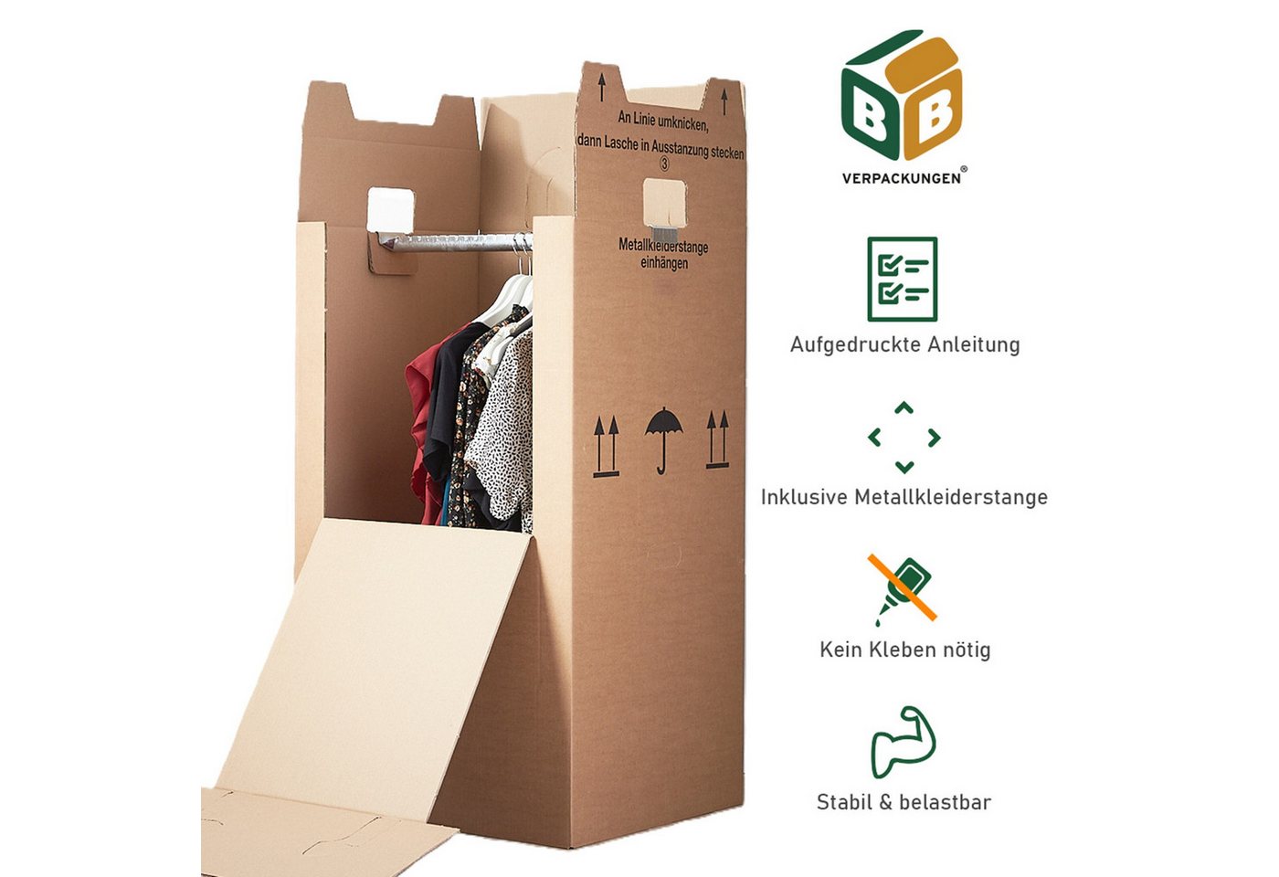 BB-Verpackungen Umzugskarton Kleiderbox Mini, 2-wellig, 40kg Traglast, 600 mm x 510 mm x 1000 mm Bild 5