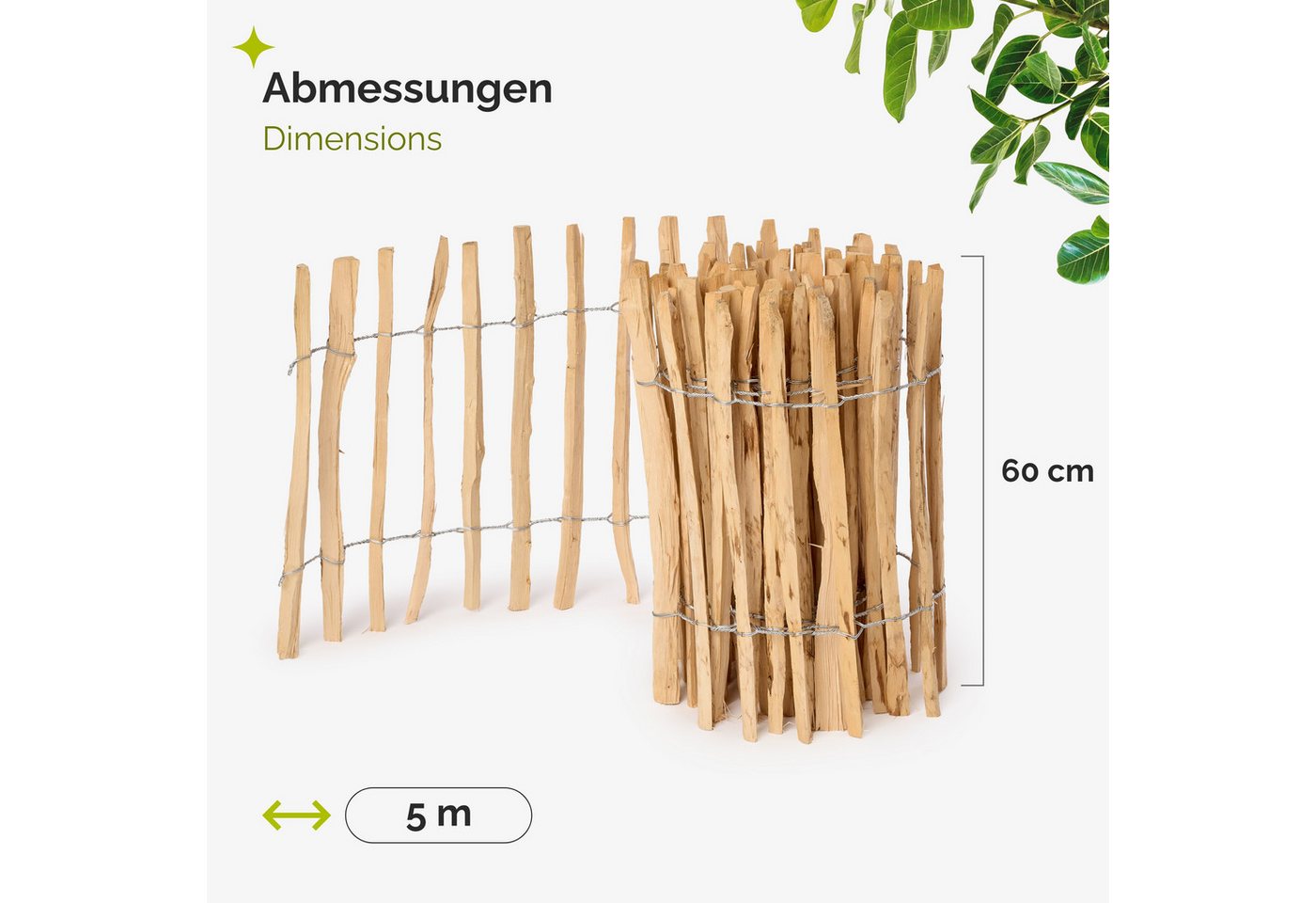 Garronda Zaun Staketenzaun 60cm x 5m zum Stecken aus Holz Lattenweite 3-5cm GD-0079, Holz
