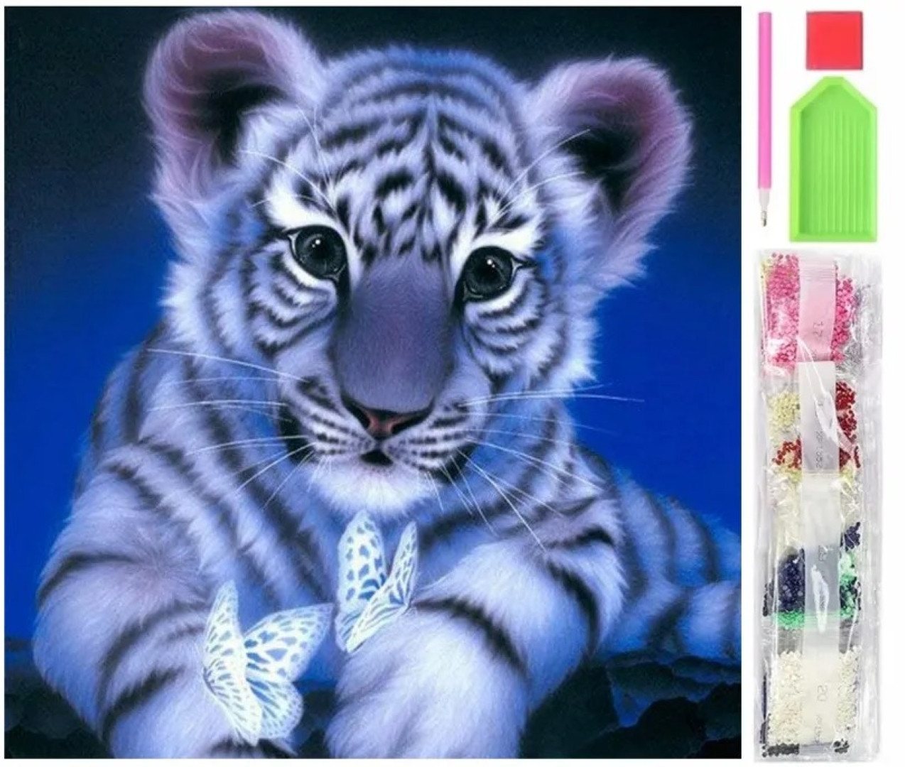 LA CUTE Malen nach Zahlen Weißer Baby Tiger - 5D Diamond Painting Set 30x40cm (Bild, Diamanten, Stift und Container, Kreative Kunst 5d Diamond Painting-Set), Entspannendes Hobby, kreative Stunden, schimmerndes Endergebnis. Bild 4