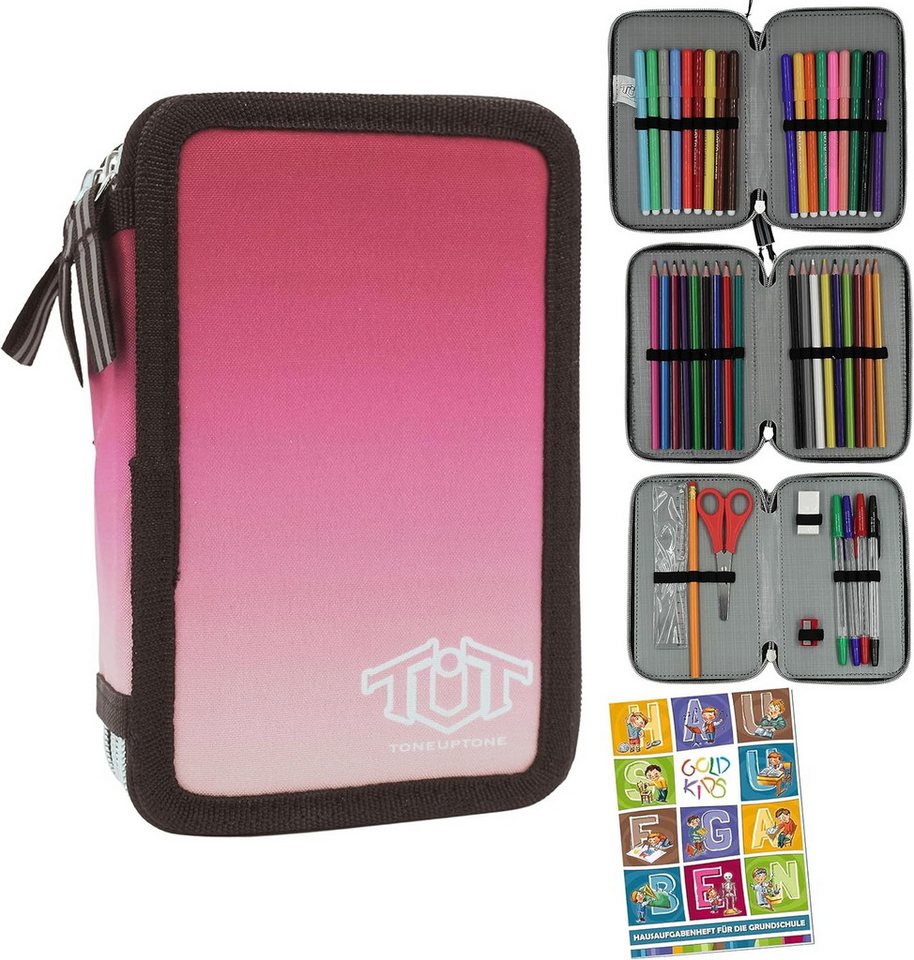 GOLDKIDS Federmäppchen Federtasche Federmappe XXL Schüleretui, (Federtasche Federpenal Schulmäppchen, 1-tlg., ToneUpTone Ombre 3 Fächer 45-teilig), gefüllt inkl Hausaufgabenheft Bild 2