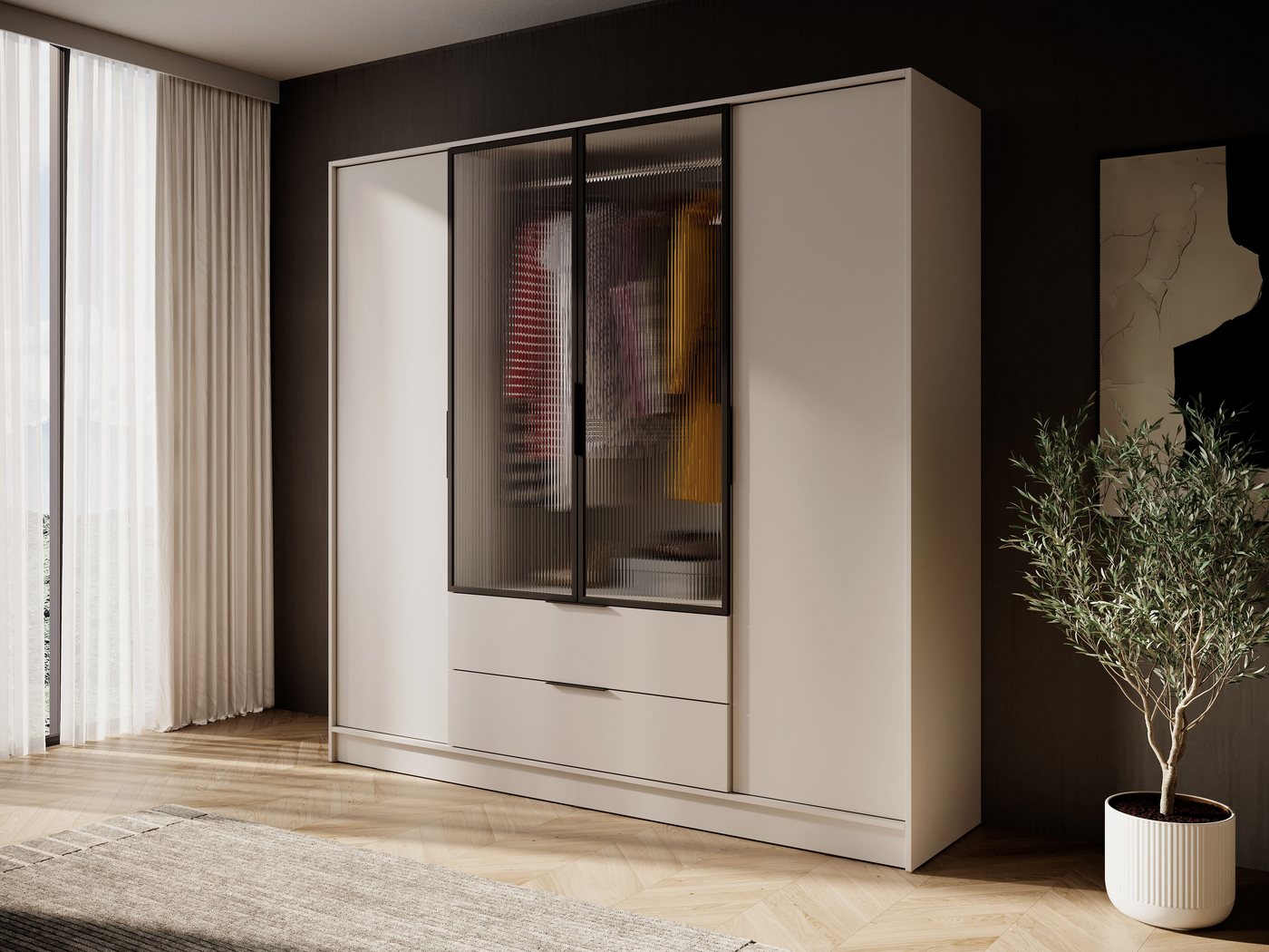 MOEBLO Drehtürenschrank SEVIA 200 (Moderner und funktionaler Schrank mit verstellbaren Regalen und Schubladen, Kleiderschrank 4-türig Schrank Garderobe Schlafzimmer mit/ohne Spiegel, mit/ohne Vitrinen - und Schubladen) (BxHxT): 206x200x51 cm Bild 2