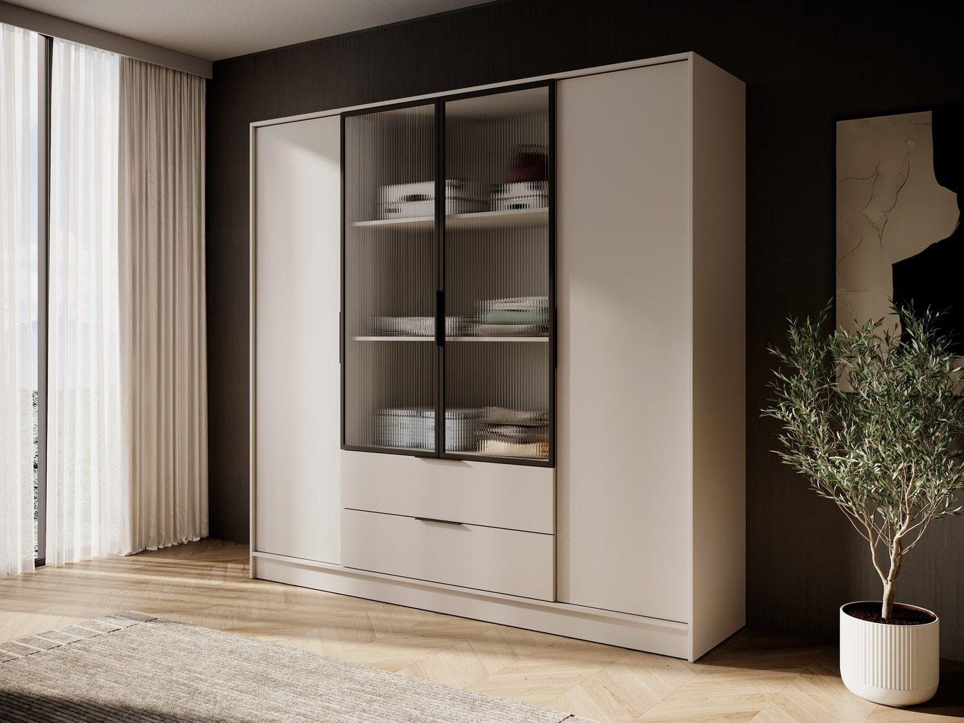 MOEBLO Drehtürenschrank SEVIA 200 (Moderner und funktionaler Schrank mit verstellbaren Regalen und Schubladen, Kleiderschrank 4-türig Schrank Garderobe Schlafzimmer mit/ohne Spiegel, mit/ohne Vitrinen - und Schubladen) (BxHxT): 206x200x51 cm Bild 5