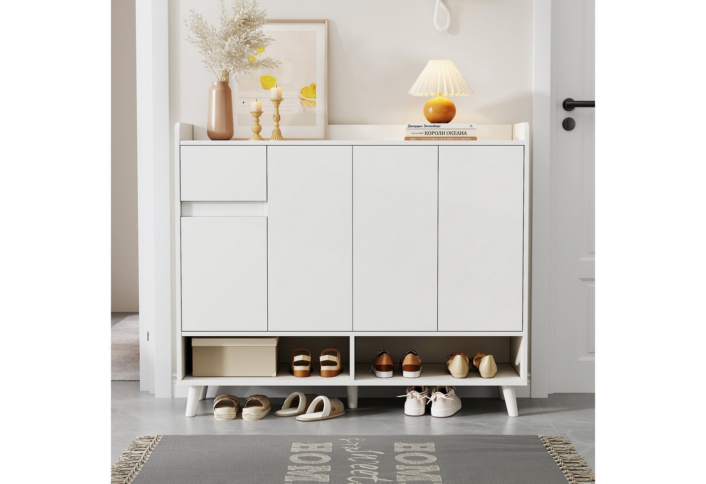 STILVORA Schuhschrank weiß Moderne Schuhkipper Sideboard für Esszimmer, Wohnzimmer, Küche (Kommode, Schuhschrank, Anrichte, 1-St., 4Türen und 1 Schubladen) mit einem verstellbaren Regal Bild 5
