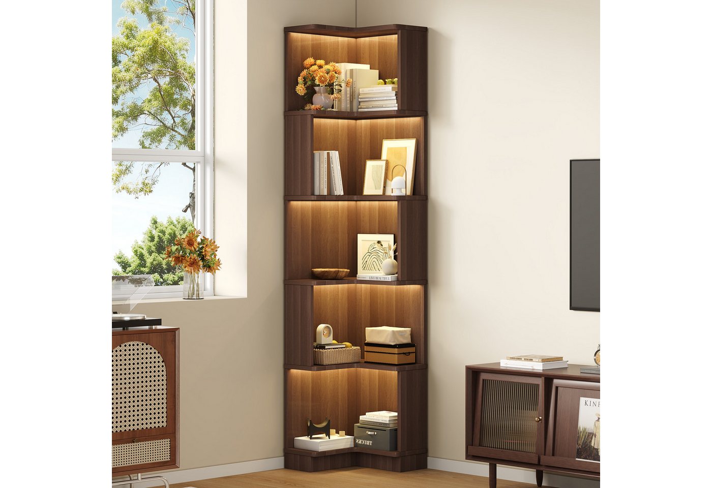 Merax Bücherregal mit LED-Farbwechsel, 1-tlg., Eckbücherregal Eckregal L-förmiges Regal mit 5 Ebenen, 63,5x45x175 cm