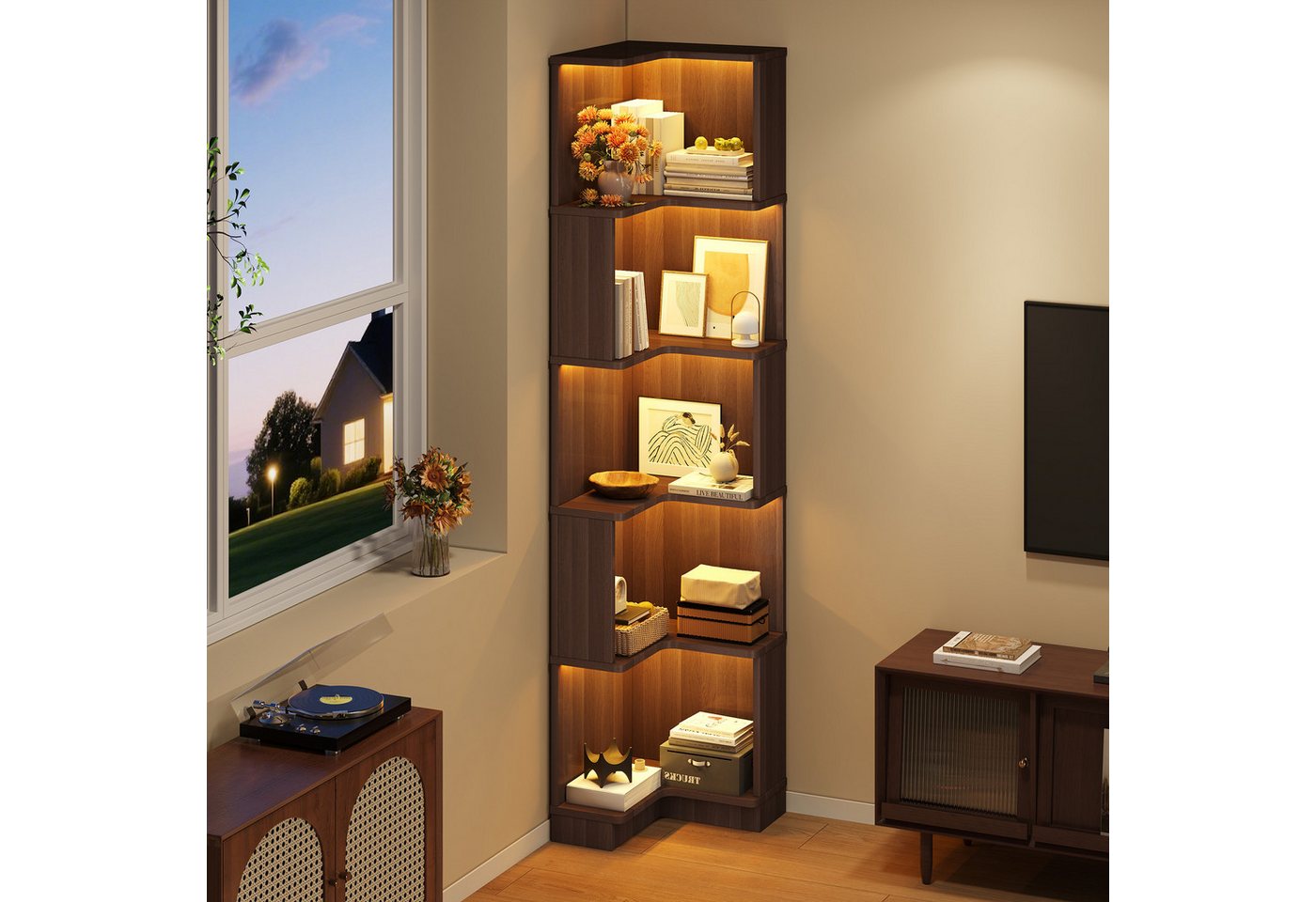 Merax Bücherregal mit LED-Farbwechsel, 1-tlg., Eckbücherregal Eckregal L-förmiges Regal mit 5 Ebenen, 63,5x45x175 cm Bild 2