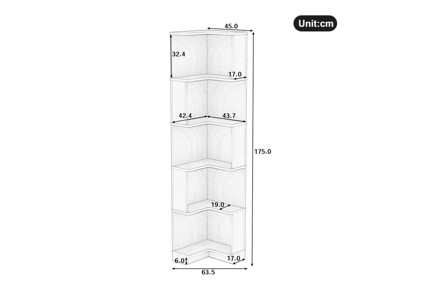 Merax Bücherregal mit LED-Farbwechsel, 1-tlg., Eckbücherregal Eckregal L-förmiges Regal mit 5 Ebenen, 63,5x45x175 cm Bild 3