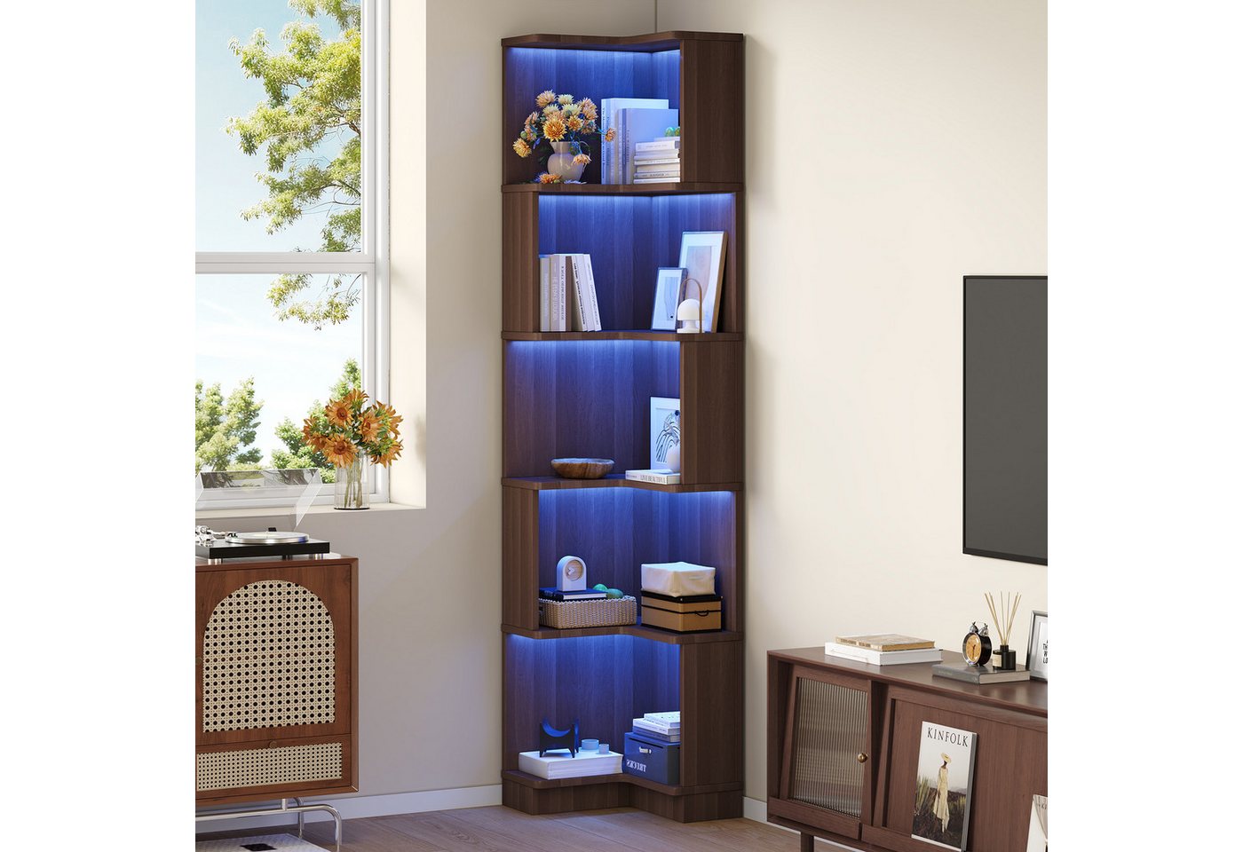 Merax Bücherregal mit LED-Farbwechsel, 1-tlg., Eckbücherregal Eckregal L-förmiges Regal mit 5 Ebenen, 63,5x45x175 cm Bild 4