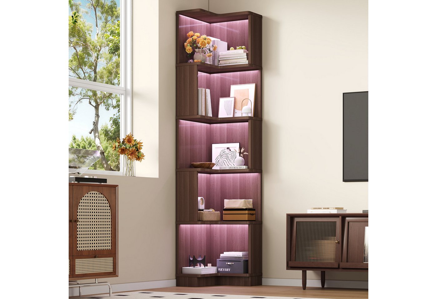 Merax Bücherregal mit LED-Farbwechsel, 1-tlg., Eckbücherregal Eckregal L-förmiges Regal mit 5 Ebenen, 63,5x45x175 cm Bild 5