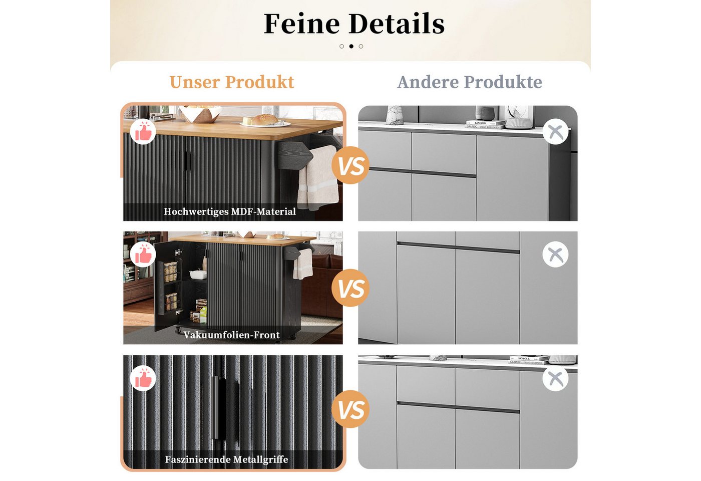 Celya Kücheninsel Kücheninsel, Speisewagen mit Holzmaserung, Ausziehbarer Küchenwagen, (3 Türen, schwarz), Buffet, 130x45(75)x92cm, Gewürzregal, Trennwände verstellbar