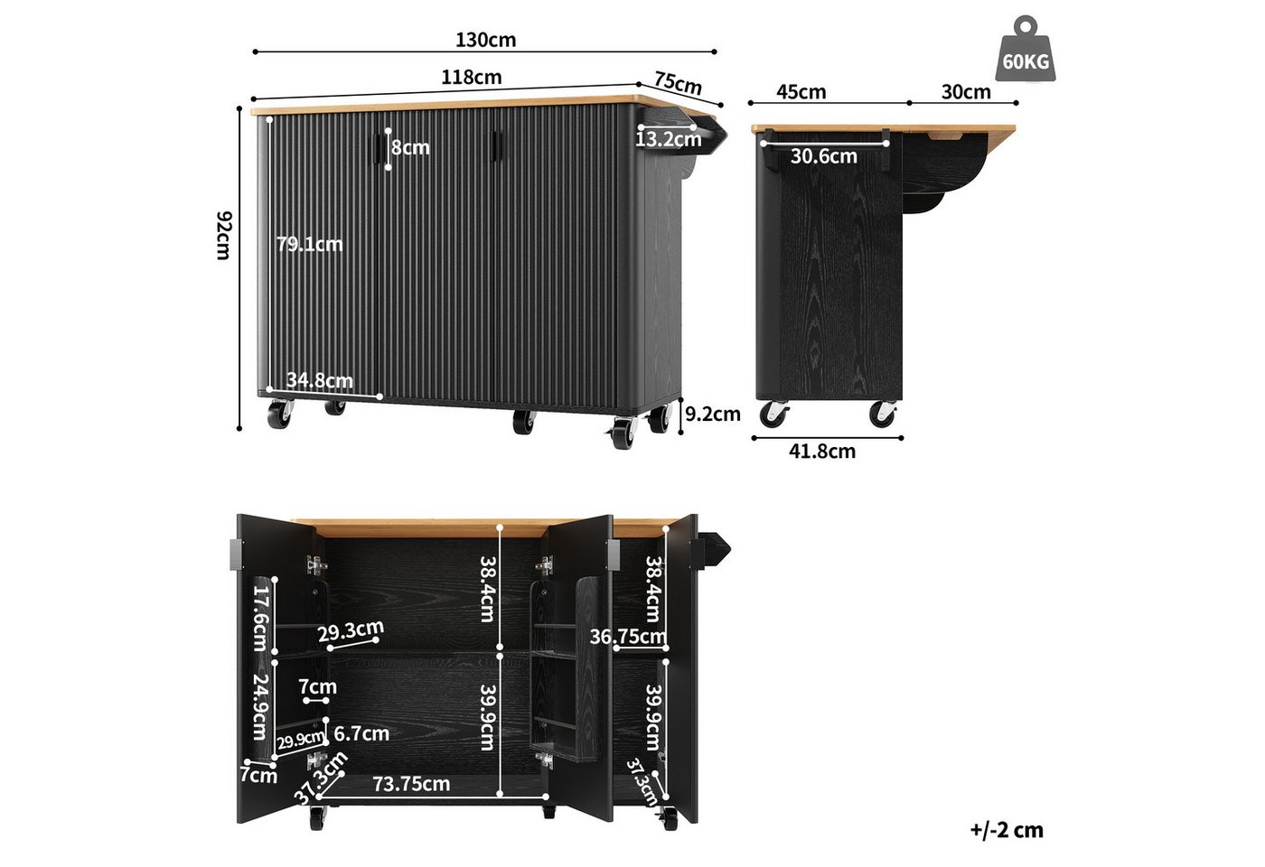 Celya Kücheninsel Kücheninsel, Speisewagen mit Holzmaserung, Ausziehbarer Küchenwagen, (3 Türen, schwarz), Buffet, 130x45(75)x92cm, Gewürzregal, Trennwände verstellbar Bild 2