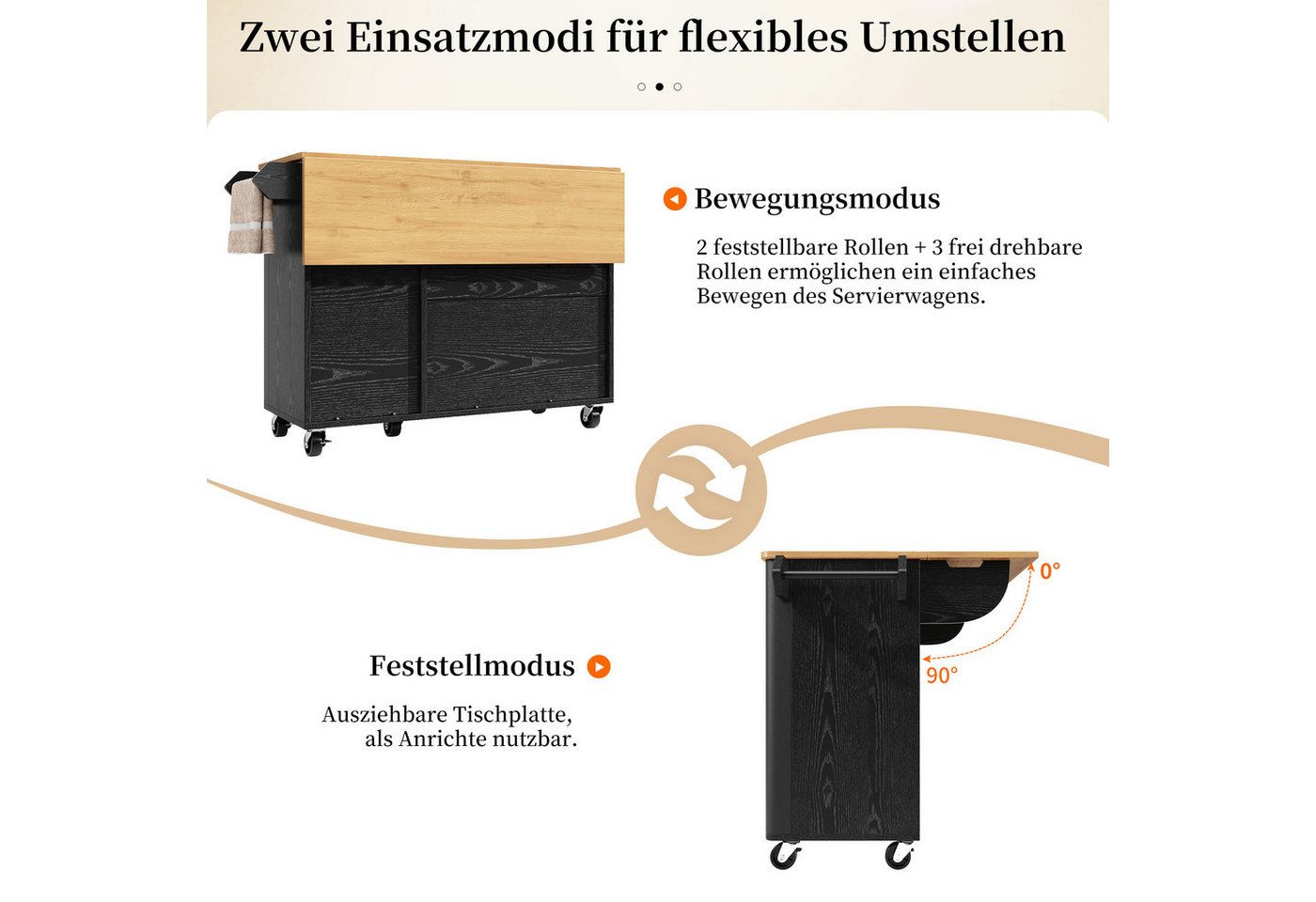 Celya Kücheninsel Kücheninsel, Speisewagen mit Holzmaserung, Ausziehbarer Küchenwagen, (3 Türen, schwarz), Buffet, 130x45(75)x92cm, Gewürzregal, Trennwände verstellbar Bild 3