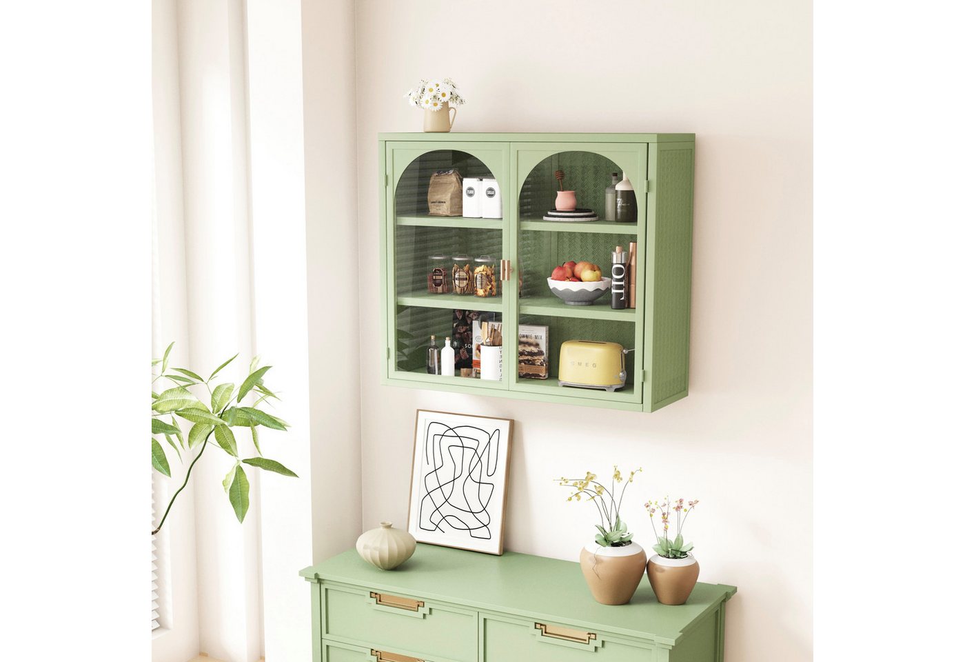 Celya Wandhängeschrank 70 cm Glas-Türen Moderner zweitüriger Wandschrank, Grün, mit dreistufigem Stauraum, mit charakteristischem Webmuster Bild 4