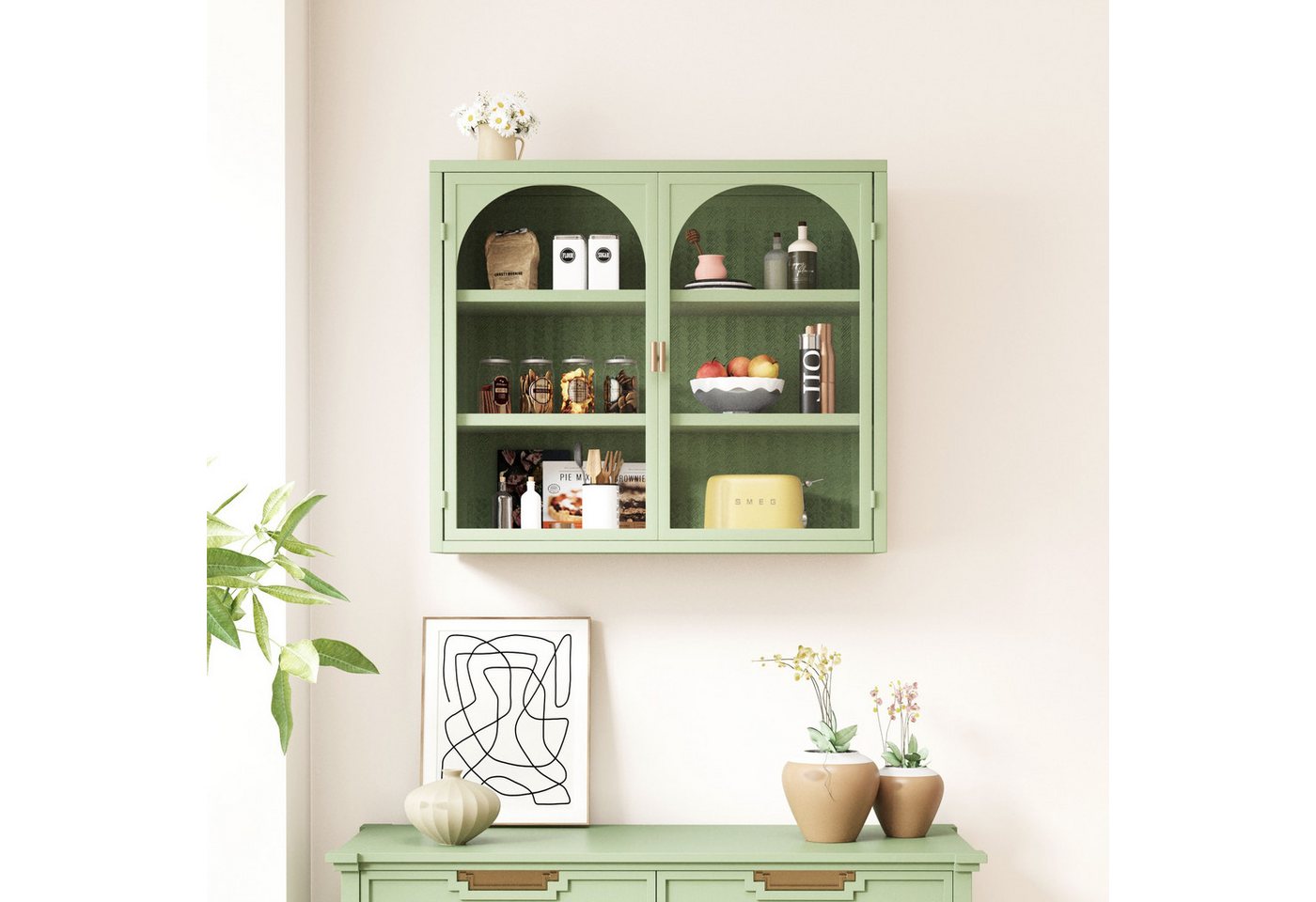 Celya Wandhängeschrank 70 cm Glas-Türen Moderner zweitüriger Wandschrank, Grün, mit dreistufigem Stauraum, mit charakteristischem Webmuster Bild 5