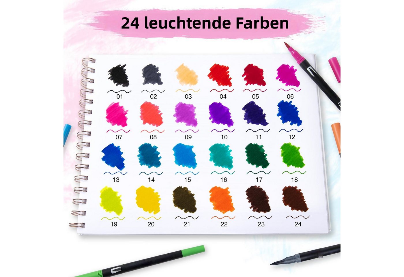 FOUORTUNATE-BEE Filzstift Doppelbürsten-Stiftset mit Wasserfarbe – 24/36/72 Farben, (24-tlg), Feinliner- & Brushpen-Set für Malbücher, Handlettering und Manga