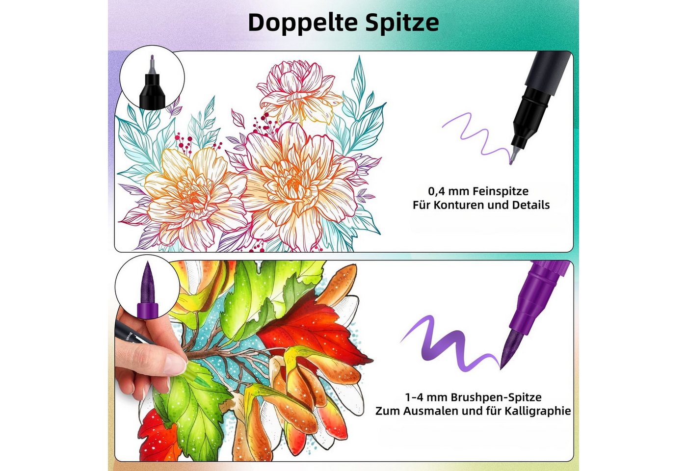 FOUORTUNATE-BEE Filzstift Doppelbürsten-Stiftset mit Wasserfarbe – 24/36/72 Farben, (24-tlg), Feinliner- & Brushpen-Set für Malbücher, Handlettering und Manga Bild 4