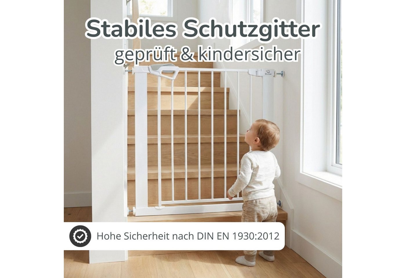 Bronea Treppenschutzgitter BALU Türgitter ohne Bohren Türschutzgitter Treppengitter (75–82 cm verlängerbar bis 165 cm, SAFETY-LOCK Rot/Grün, ANTI-STOLPER-RAMPE, AUTO-CLOSE Türschutzgitter), Entwickelt, Geprüft & Zertifiziert in Deutschland EN1930:2012-02