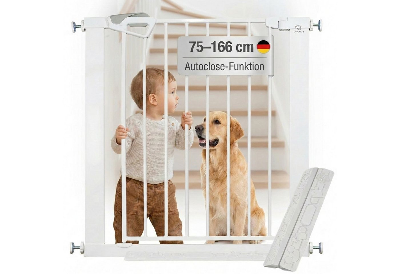 Bronea Treppenschutzgitter BALU Türgitter ohne Bohren Türschutzgitter Treppengitter (75–82 cm verlängerbar bis 165 cm, SAFETY-LOCK Rot/Grün, ANTI-STOLPER-RAMPE, AUTO-CLOSE Türschutzgitter), Entwickelt, Geprüft & Zertifiziert in Deutschland EN1930:2012-02 Bild 2