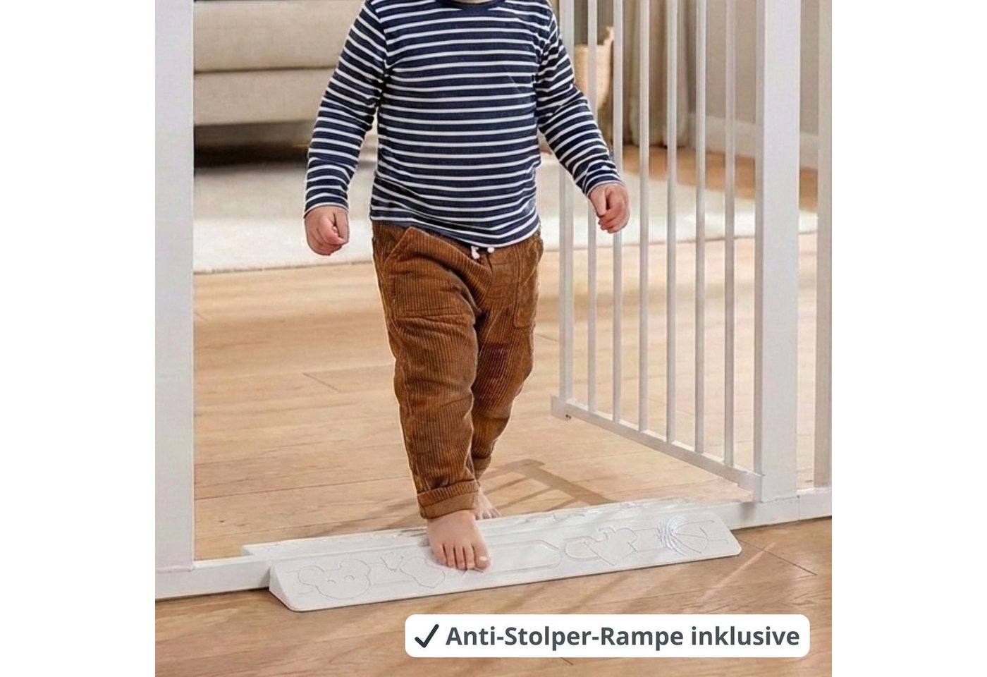 Bronea Treppenschutzgitter BALU Türgitter ohne Bohren Türschutzgitter Treppengitter (75–82 cm verlängerbar bis 165 cm, SAFETY-LOCK Rot/Grün, ANTI-STOLPER-RAMPE, AUTO-CLOSE Türschutzgitter), Entwickelt, Geprüft & Zertifiziert in Deutschland EN1930:2012-02 Bild 3