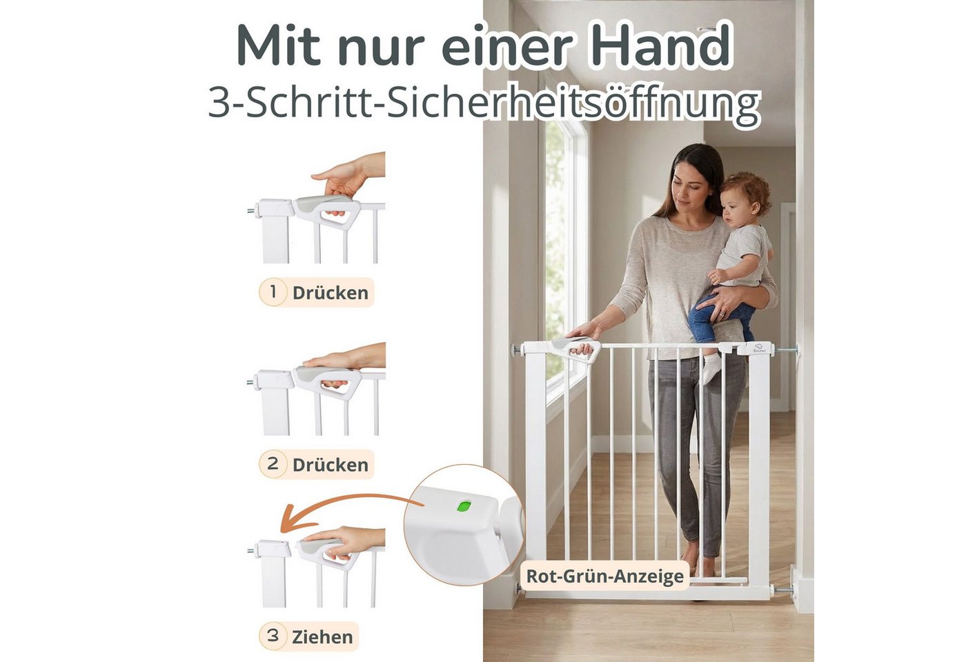 Bronea Treppenschutzgitter BALU Türgitter ohne Bohren Türschutzgitter Treppengitter (75–82 cm verlängerbar bis 165 cm, SAFETY-LOCK Rot/Grün, ANTI-STOLPER-RAMPE, AUTO-CLOSE Türschutzgitter), Entwickelt, Geprüft & Zertifiziert in Deutschland EN1930:2012-02 Bild 5