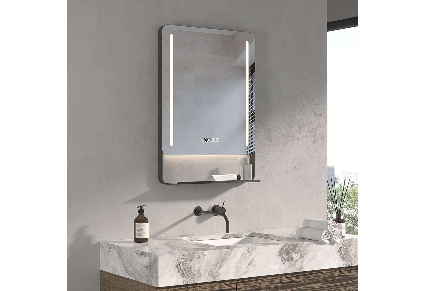 AQUABATOS Badspiegel Badspiegel mit Beleuchtung LED Spiegel Wandspiegel mit Ablage Rechteck, LED Touchschalter Lichtspiegel 6400K & 4500K & 3000K Beschlagfrei